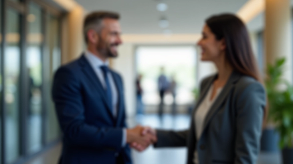 Zakenman en zakenvrouw schudden handen in modern kantoor, formele ontmoeting, professioneel jasje