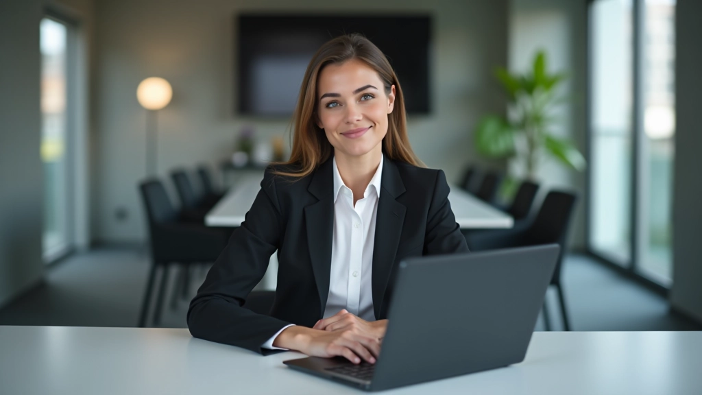 Zakenvrouw aan een moderne conferentietafel, laptop open, professionele kantooromgeving