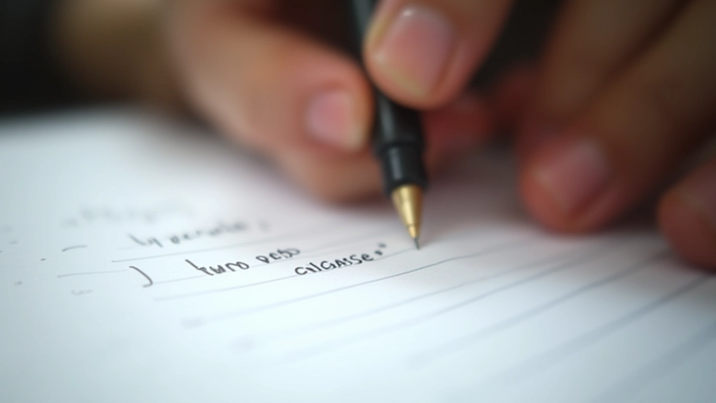 Iemand schrijft Franse werkwoordvervoegingen op papier met een pen