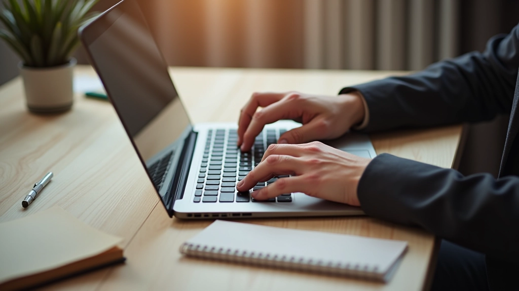 Handen typend op laptop toetsenbord, professionele werkomgeving met notitieblok en pen