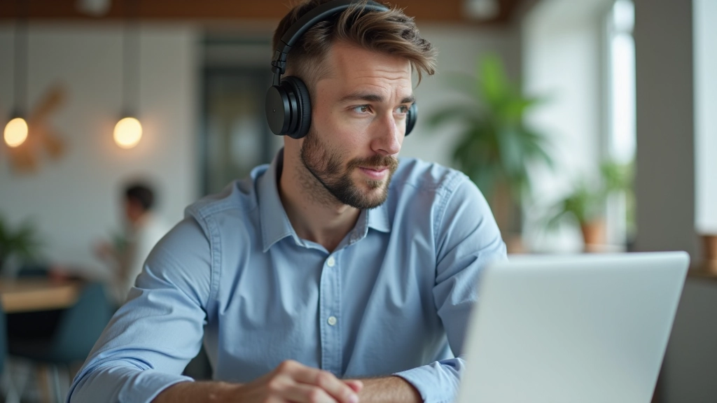 Man met koptelefoon aan zijn bureau, luistert aandachtig naar oefeningsmaterialen, moderne werkplek