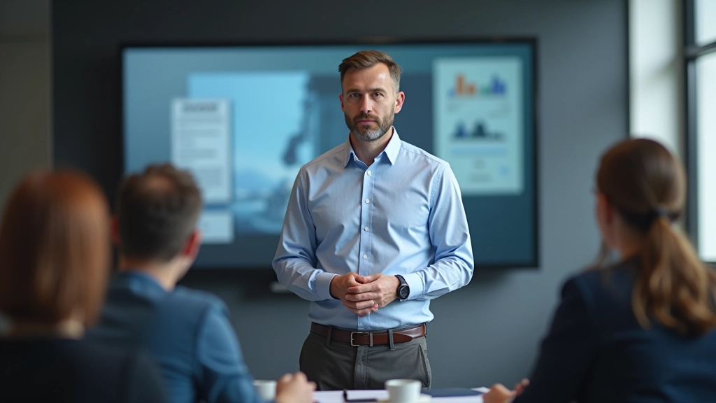 Zakenman presenteert voor groep collega's in conferentieruimte, groot scherm met grafieken op achtergrond