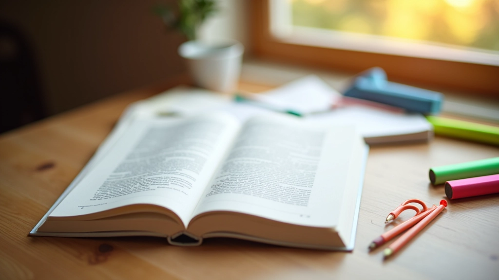 Tafel met Frans grammaticaboeken, notitieboekje met handgeschreven notities, en gekleurde markers