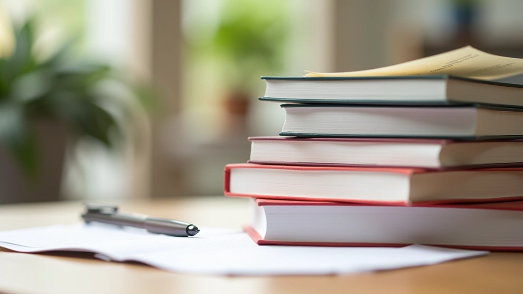 Stapel DELF examenboeken met notitieblok en pen op een bureau, voorbereiding voor taalexamen