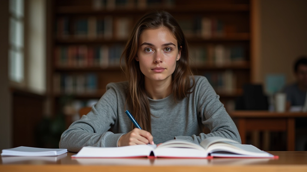Student die Frans studeert met boeken en notitiepapier in bibliotheek setting