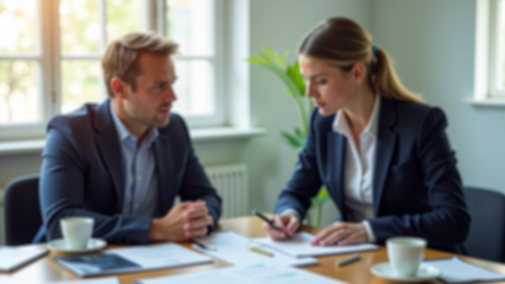 Twee professionals in gesprek aan conferentietafel met documenten en koffie, constructieve sfeer
