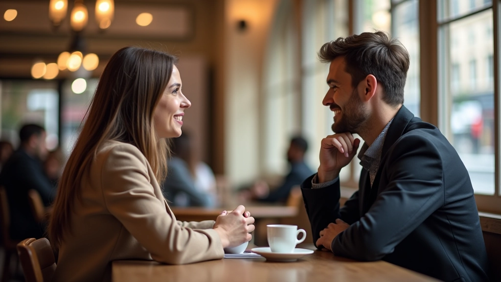 Twee mensen in gesprek in een Frans café, natuurlijk daglicht door raam