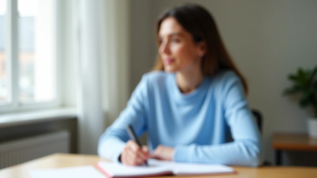 Vrouw schrijft aan bureau met pen en papier, voorbereiding op schrijfexamen, concentratie en nauwkeurigheid