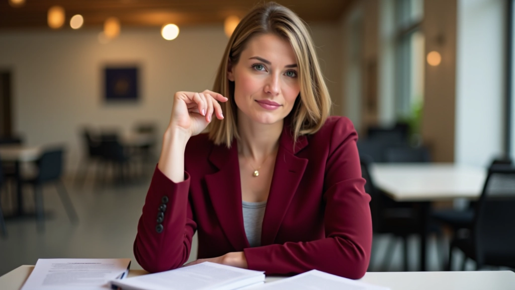 Isabelle Duchêne in haar kantoor te Luik, omgeven door taalboeken en onderwijsmaterialen, werkend aan Franse grammaticacurricula